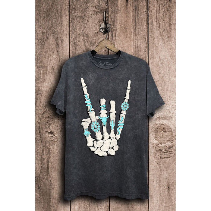 Skeleton Rock Hand Turquoise Graphic T-Graphic Tees-[Womens_Boutique]-[NFR]-[Rodeo_Fashion]-[Western_Style]-Calamity's LLC