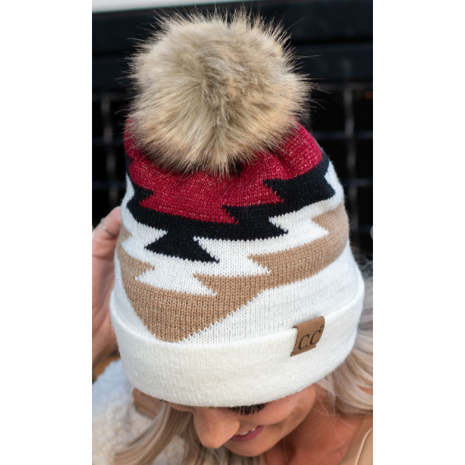 IVORY AZTEC PATTERN HAT WITH SOFT FAUX POM C.C Soft Aztec Pattern Beanie with Knit Pom-HAT-3816 - HANA  main image 3