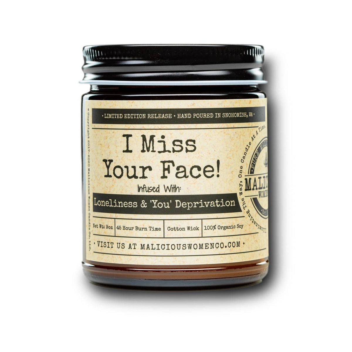 Malicious Women Candle Co - I Miss Your Face! - " Loneliness & 'You' Deprivation"-Candles-[Womens_Boutique]-[NFR]-[Rodeo_Fashion]-[Western_Style]-Calamity's LLC