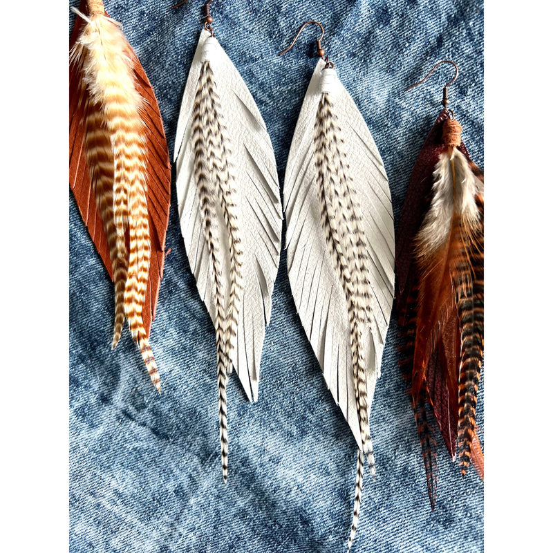 Clancy Feather Earrings | White: 5 inches-Earrings-[Womens_Boutique]-[NFR]-[Rodeo_Fashion]-[Western_Style]-Calamity's LLC