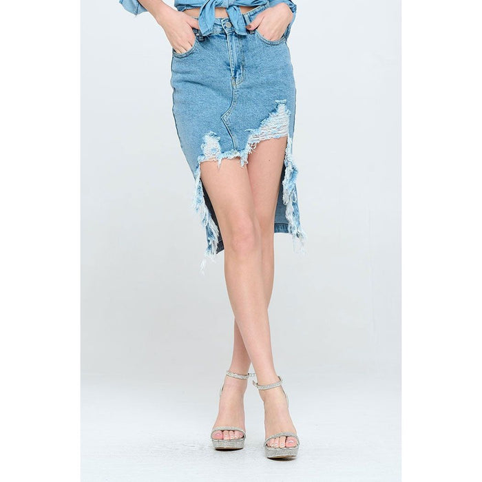 Denim Destroyed high-Low Skirt-Skirts-[Womens_Boutique]-[NFR]-[Rodeo_Fashion]-[Western_Style]-Calamity's LLC