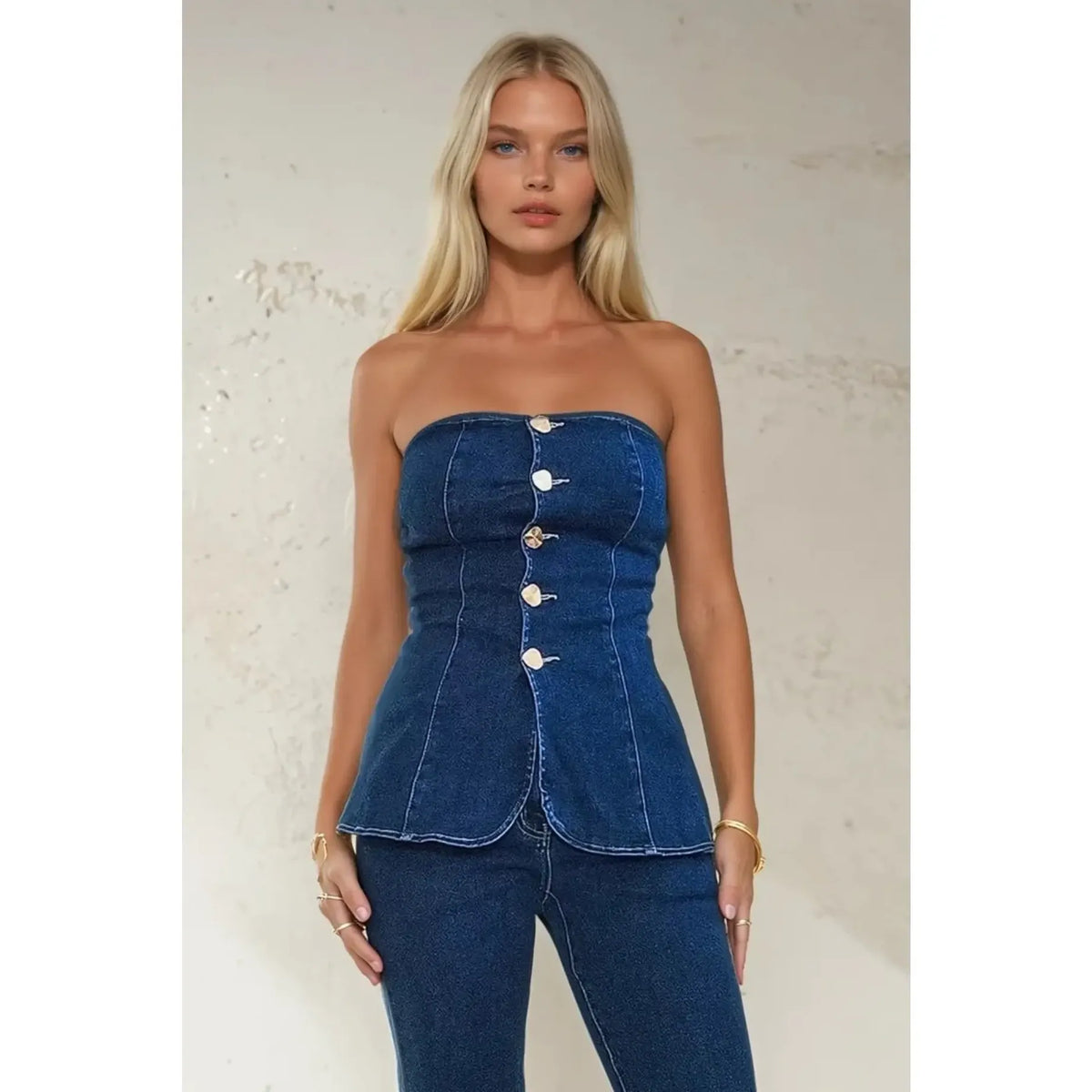 STRAPLESS GOLD BUTTON DENIM PEPLUM TOP-[Womens_Boutique]-[NFR]-[Rodeo_Fashion]-[Western_Style]-Calamity's LLC