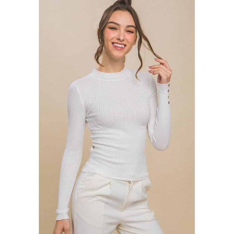 Fitted Ribbed Knit Sweater with Sleeve Buttons-Long Sleeves-[Womens_Boutique]-[NFR]-[Rodeo_Fashion]-[Western_Style]-Calamity's LLC