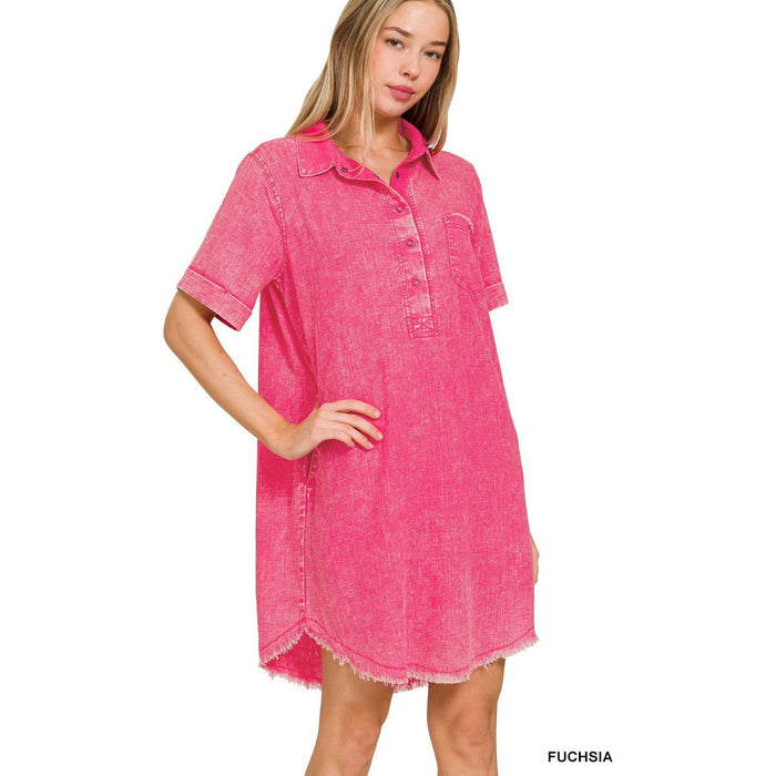 Front View. WASHED LINEN RAW EDGE BUTTON DOWN V-NECK DRESS-Dresses-[Womens_Boutique]-[NFR]-[Rodeo_Fashion]-[Western_Style]-Calamity's LLC