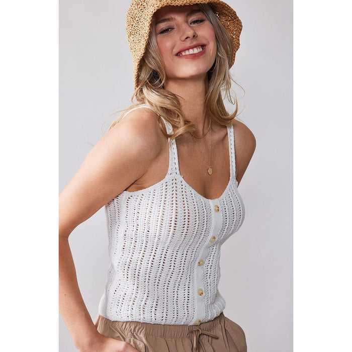 Front View. Crochet Knit Button Down Tank Top-Camis/Tanks-[Womens_Boutique]-[NFR]-[Rodeo_Fashion]-[Western_Style]-Calamity's LLC