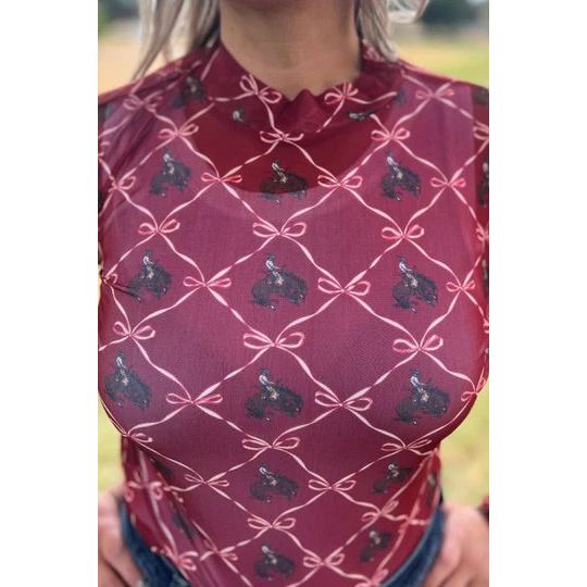 Broncs and Bows Mesh Top-Long Sleeves-[Womens_Boutique]-[NFR]-[Rodeo_Fashion]-[Western_Style]-Calamity's LLC