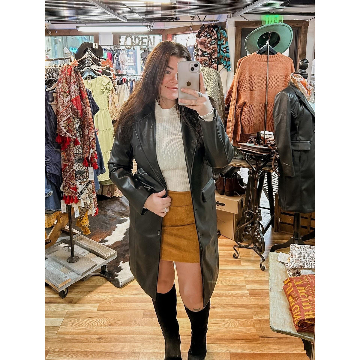 Faux leather, long line coat-[Womens_Boutique]-[NFR]-[Rodeo_Fashion]-[Western_Style]-Calamity's LLC