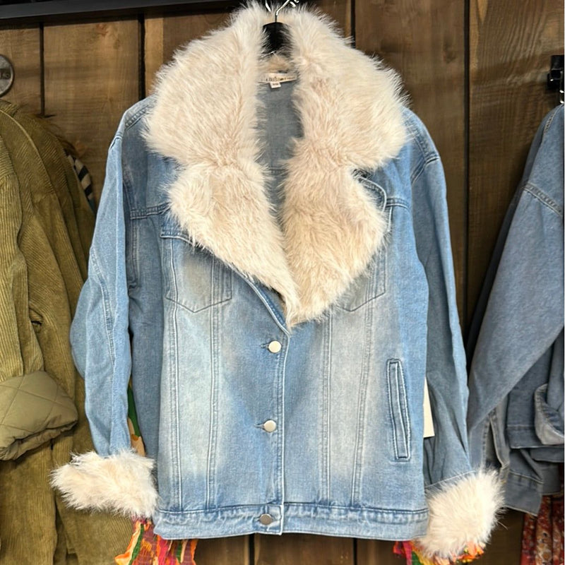 The Snow Bunny Fur Trim Denim Jacket-Jackets-[Womens_Boutique]-[NFR]-[Rodeo_Fashion]-[Western_Style]-Calamity's LLC
