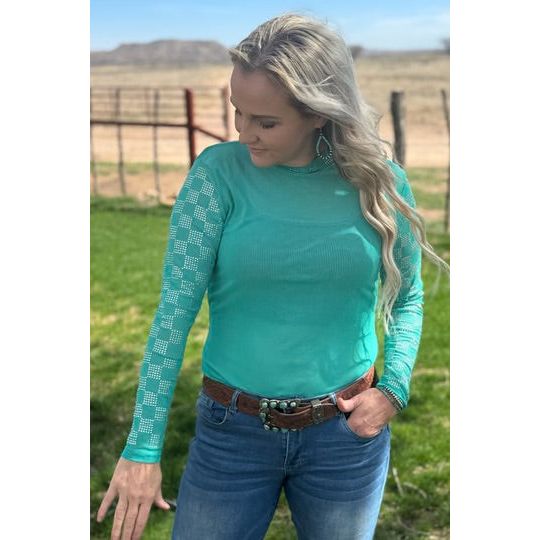 Checked In Turquoise mesh top-[Womens_Boutique]-[NFR]-[Rodeo_Fashion]-[Western_Style]-Calamity's LLC