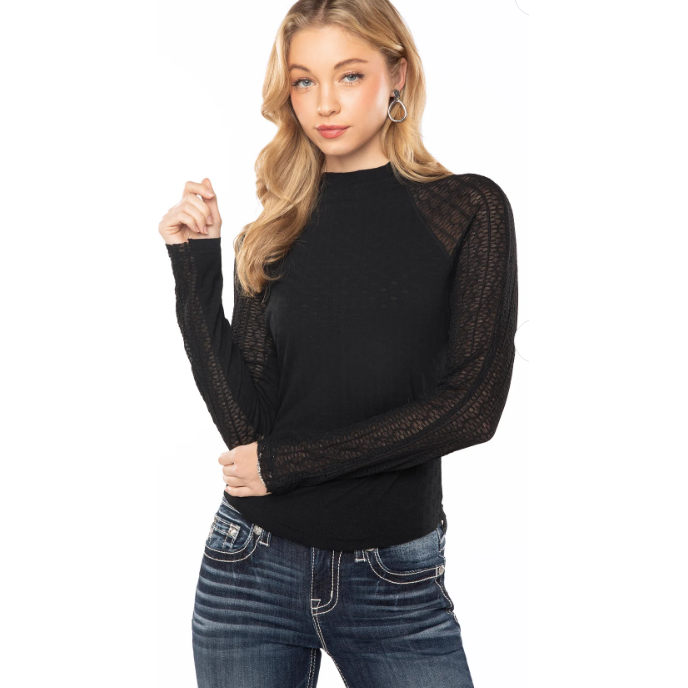 High neck, top with sheer textured panels on sleeves￼￼, by Miss Me-Long Sleeves-[Womens_Boutique]-[NFR]-[Rodeo_Fashion]-[Western_Style]-Calamity's LLC