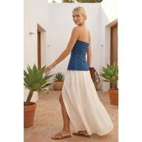 STRAPLESS GOLD BUTTON DENIM PEPLUM TOP-[Womens_Boutique]-[NFR]-[Rodeo_Fashion]-[Western_Style]-Calamity's LLC