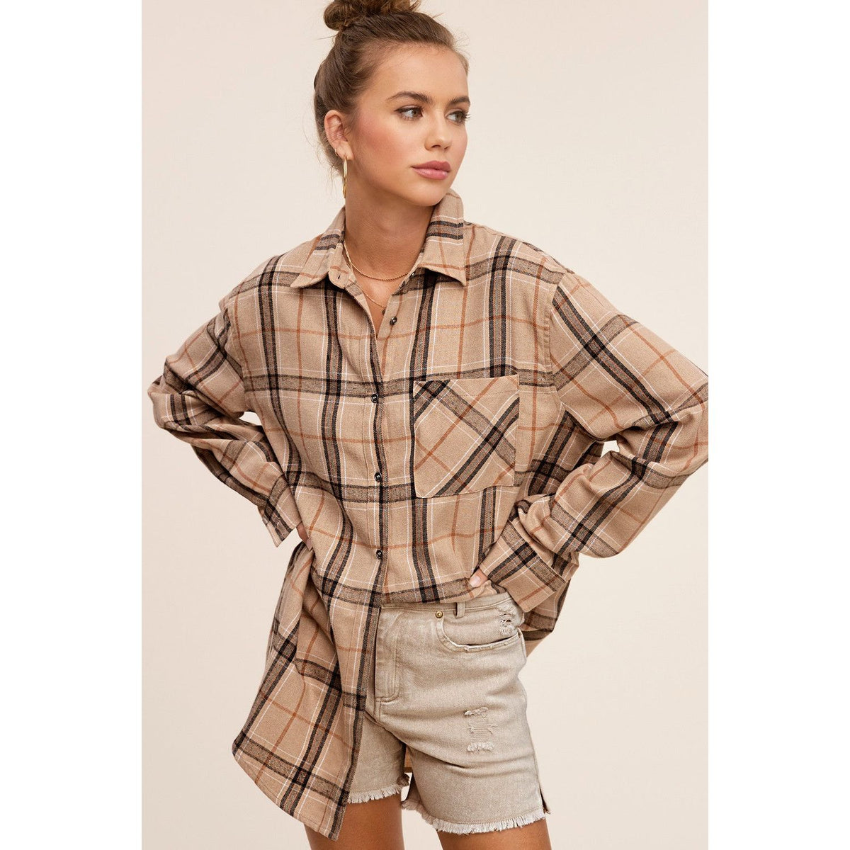 The Classic Tan Plaid Button up-Long Sleeves-[Womens_Boutique]-[NFR]-[Rodeo_Fashion]-[Western_Style]-Calamity's LLC