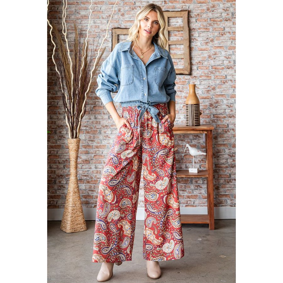 Paisley Print Straight Palazzo Pants-Pants-[Womens_Boutique]-[NFR]-[Rodeo_Fashion]-[Western_Style]-Calamity's LLC