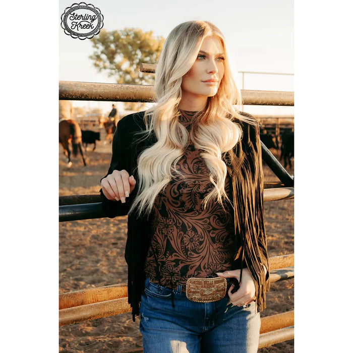 Long Sleeve Mesh top in Tooled Leather Print-Long Sleeves-[Womens_Boutique]-[NFR]-[Rodeo_Fashion]-[Western_Style]-Calamity's LLC