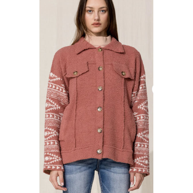 Miss ME Terry Cloth Aztec Print Shacket-Jackets-[Womens_Boutique]-[NFR]-[Rodeo_Fashion]-[Western_Style]-Calamity's LLC