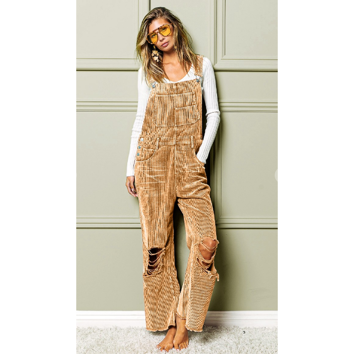 Distressed Cropped Corduroy Vintage Style Overalls-Overalls-[Womens_Boutique]-[NFR]-[Rodeo_Fashion]-[Western_Style]-Calamity's LLC
