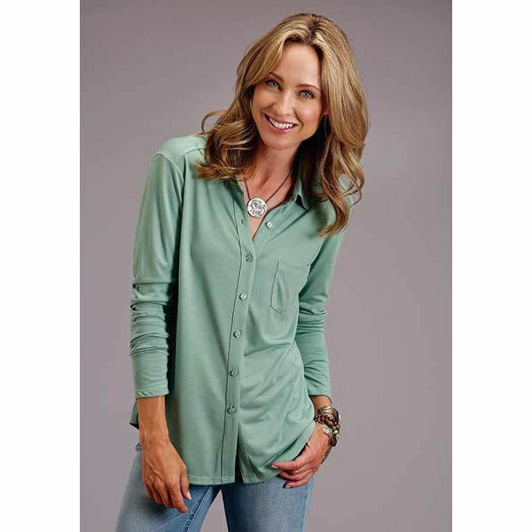 Jersey Green Knit button top, by Roper-Shirt-[Womens_Boutique]-[NFR]-[Rodeo_Fashion]-[Western_Style]-Calamity's LLC