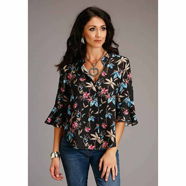 Twill Feather Floral Print Blouse, By Stetson-Blouse-[Womens_Boutique]-[NFR]-[Rodeo_Fashion]-[Western_Style]-Calamity's LLC