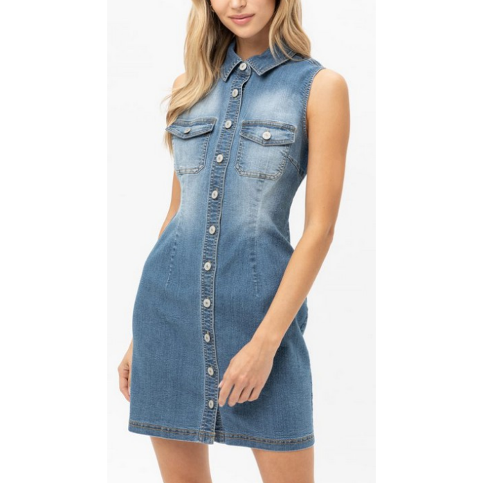 Sleeveless Denim Button up Dress-Dresses-[Womens_Boutique]-[NFR]-[Rodeo_Fashion]-[Western_Style]-Calamity's LLC