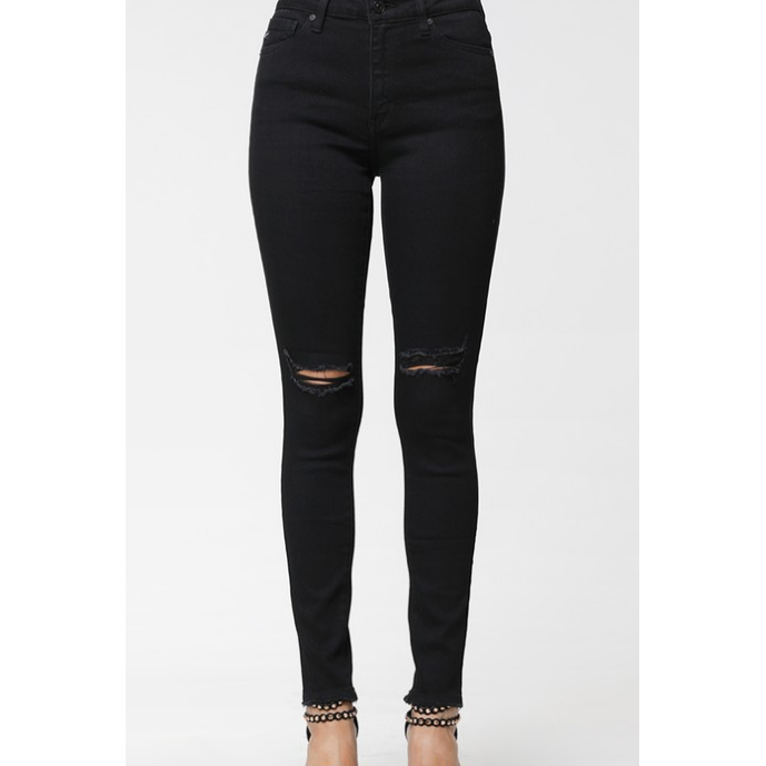 Kan Can Destroyed Black High Waist Skinny Jeans-Denim-[Womens_Boutique]-[NFR]-[Rodeo_Fashion]-[Western_Style]-Calamity's LLC