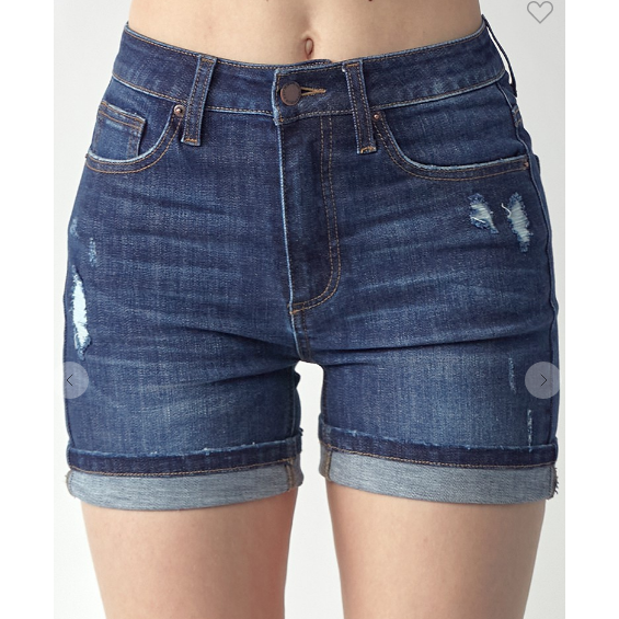 Risen Dark Mid Rise Dark Denim Cuffed Shorts-Shorts-[Womens_Boutique]-[NFR]-[Rodeo_Fashion]-[Western_Style]-Calamity's LLC