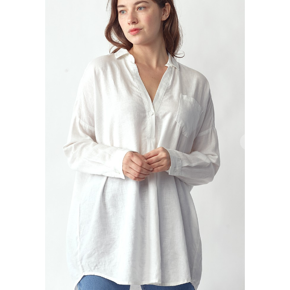 Risen Over-sized White Linen Shirt-Long Sleeves-[Womens_Boutique]-[NFR]-[Rodeo_Fashion]-[Western_Style]-Calamity's LLC