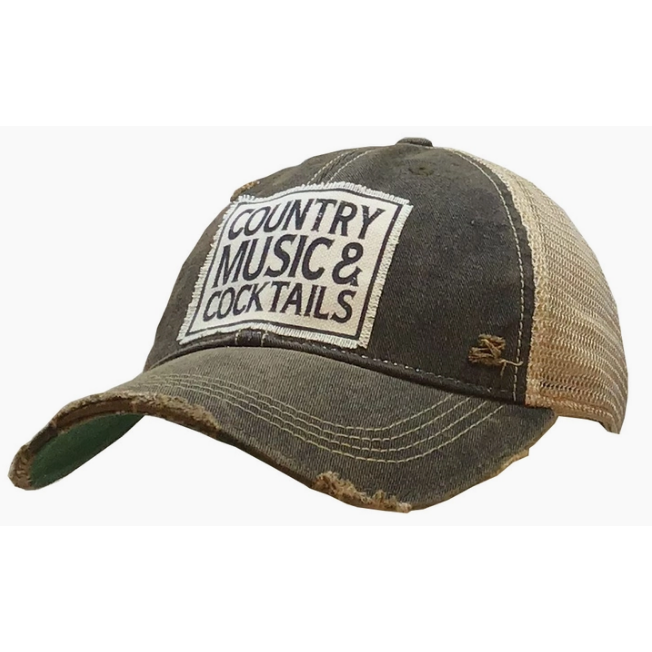 Country Music & Cocktails Distressed Trucker Cap-Hats-[Womens_Boutique]-[NFR]-[Rodeo_Fashion]-[Western_Style]-Calamity's LLC
