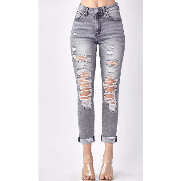Distressed Grey Cuffed Skinny Jeans-[Womens_Boutique]-[NFR]-[Rodeo_Fashion]-[Western_Style]-Calamity's LLC